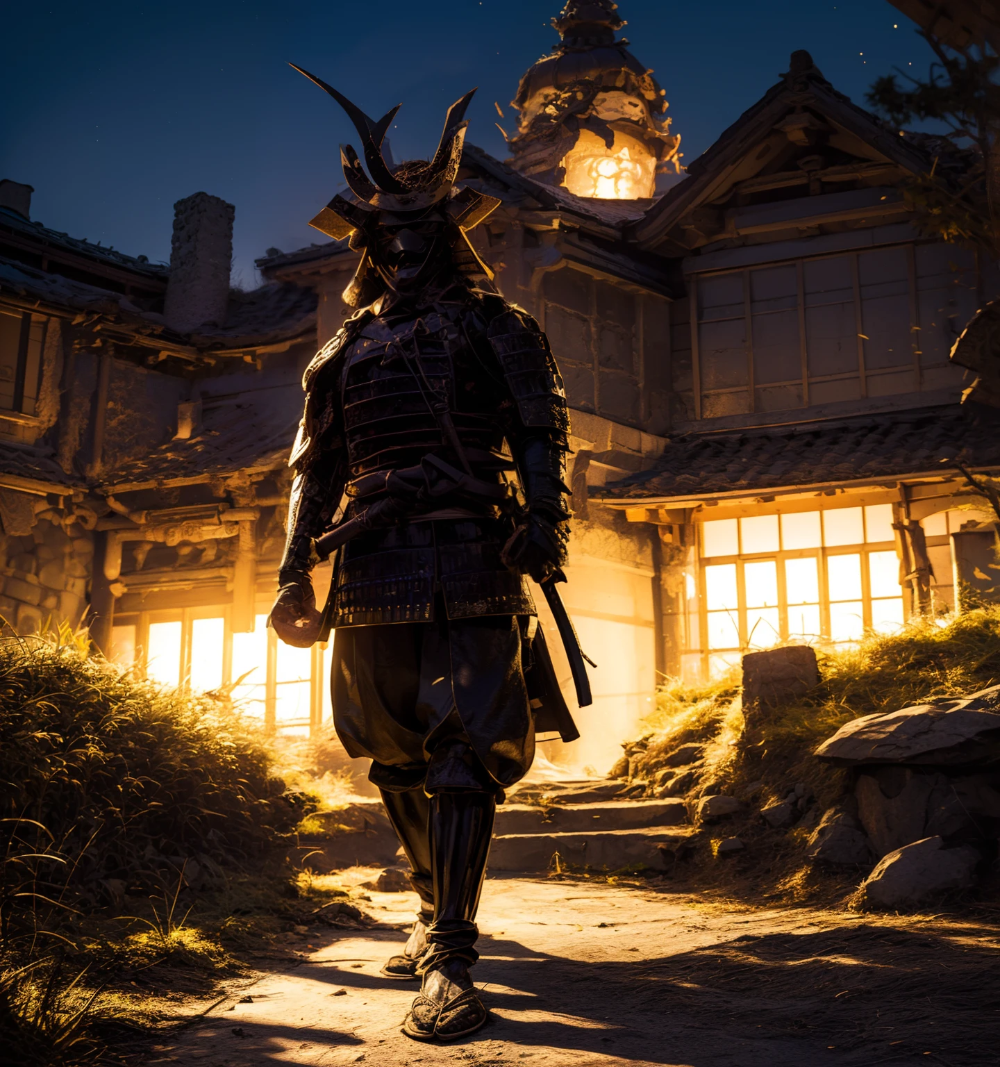 männlicher Samurai, ((Foto realistisch)), ((Hannya Maske)), Ganzkörper, badass pose, ((schwarze Rüstung)), Oder Punkt, Verwüstung, brennendes Schloss, Mond und Sterne im Hintergrund.