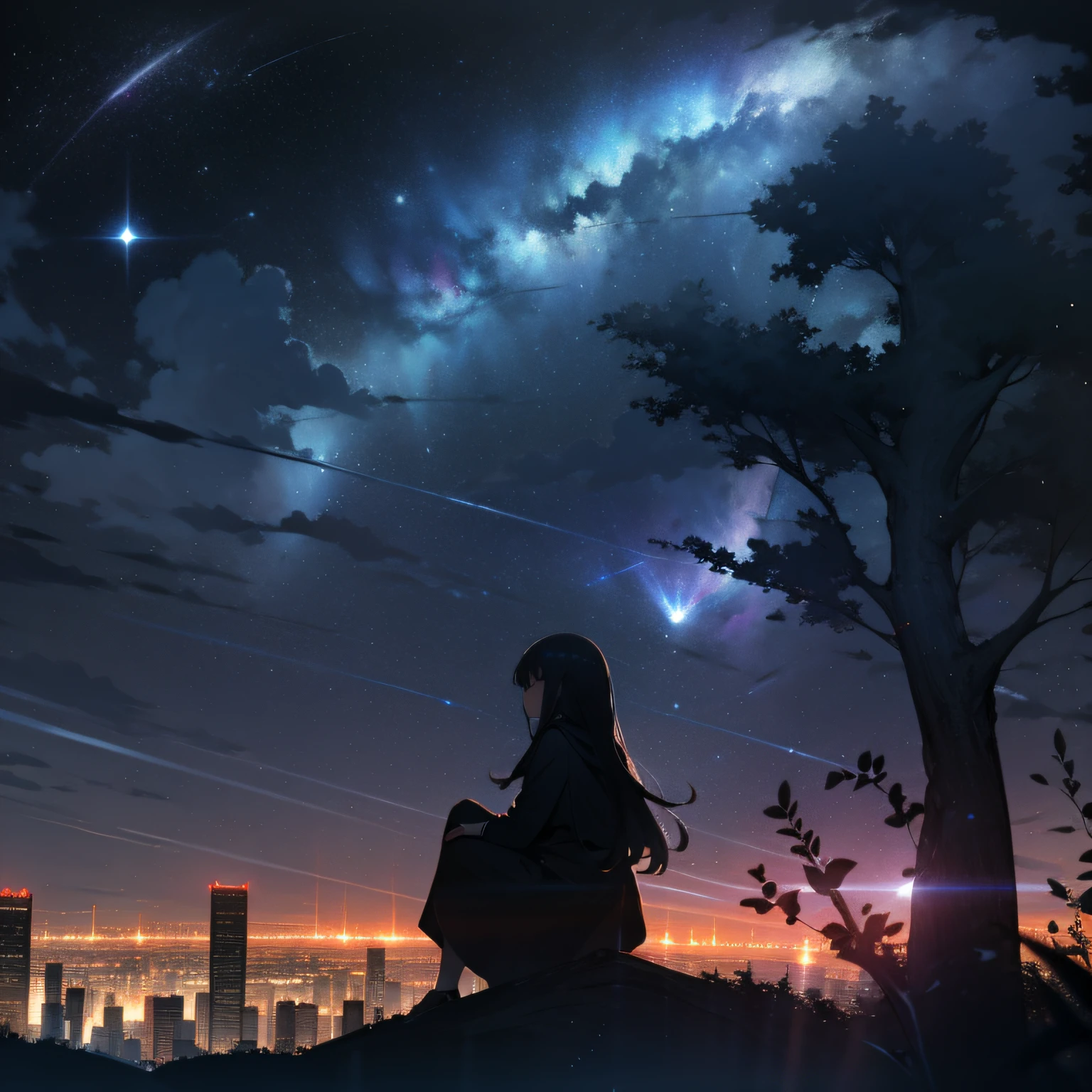 sky, star (sky), scenery, starry sky, night, 1girl, night sky, solo, outdoors, building, cloud, milky way, sitting, tree, long hair, city, silhouette, cityscape