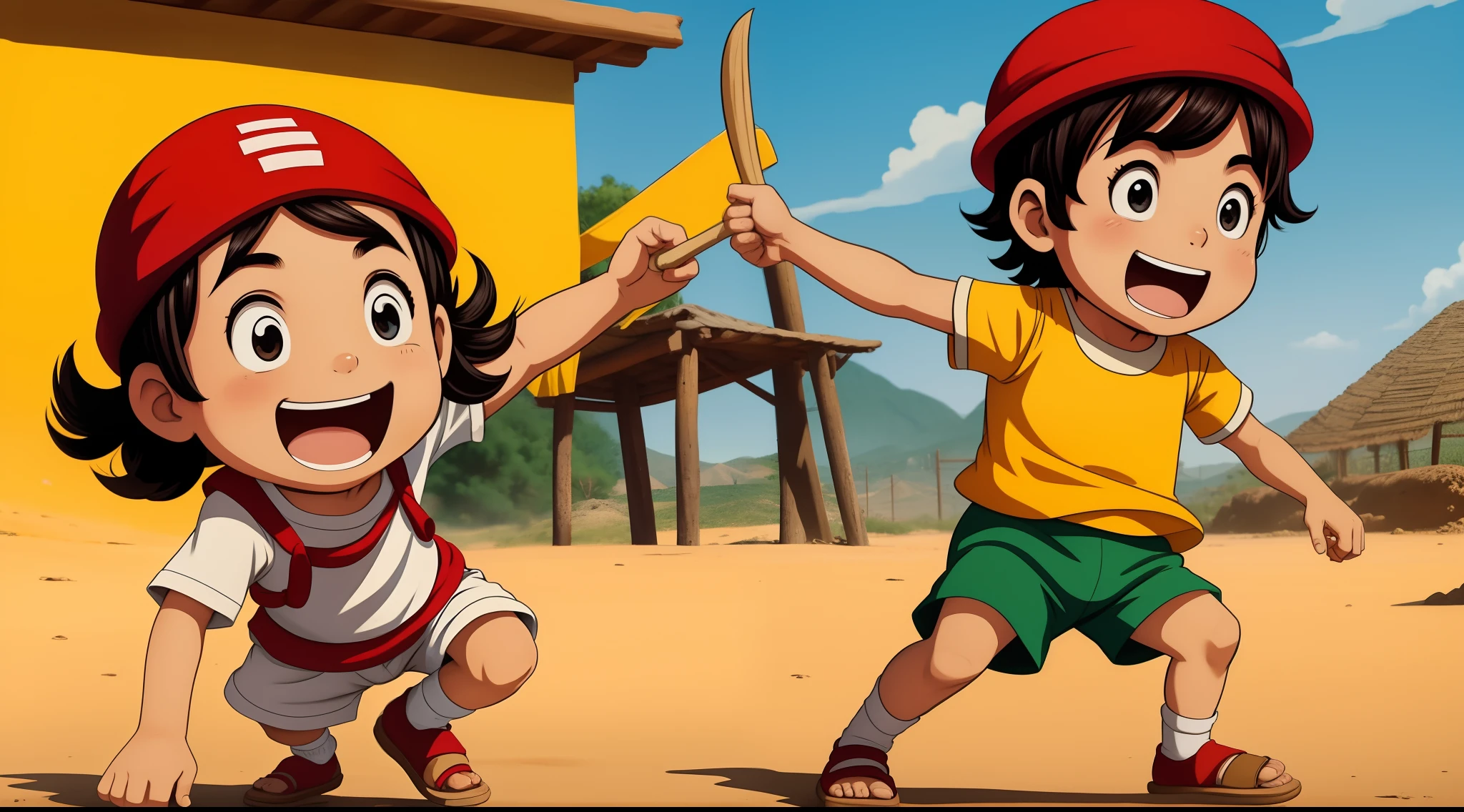 Anime image of two children playing with a toy sword in the sand - SeaArt AI