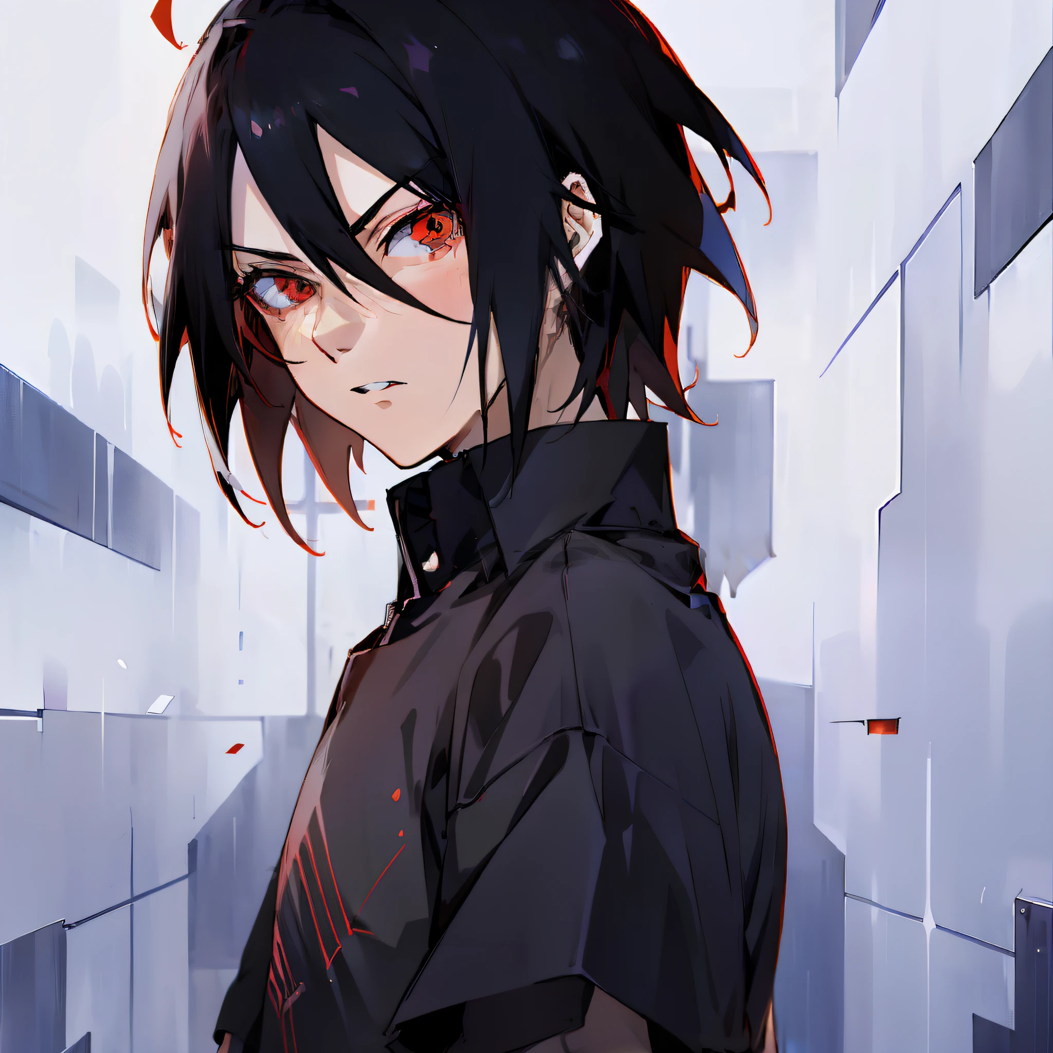 Schwarzes Anime-Jungen-Shirt，rote Augenfarbe，Oberkörperdarstellung