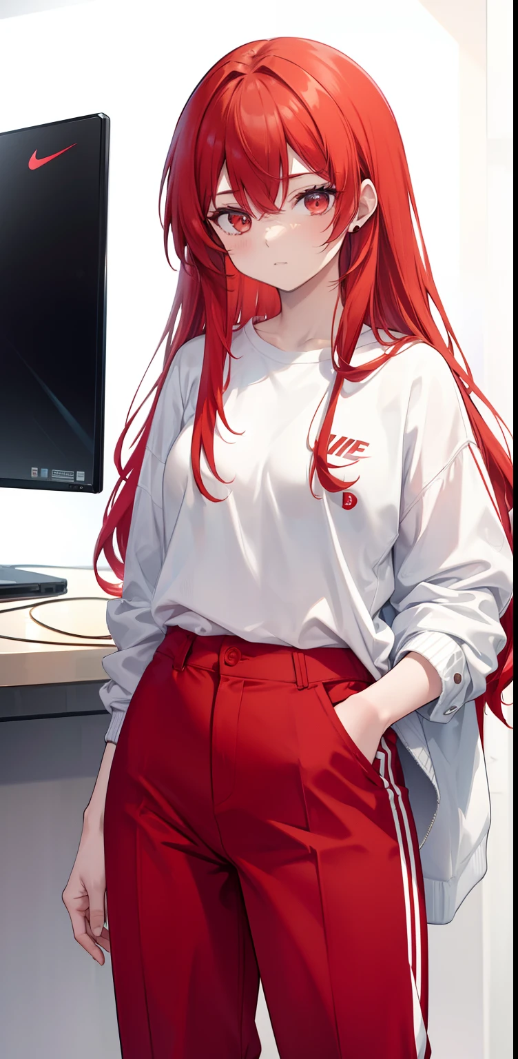 Anime girl with red hair and white shirt standing in front of a computer -  SeaArt AI