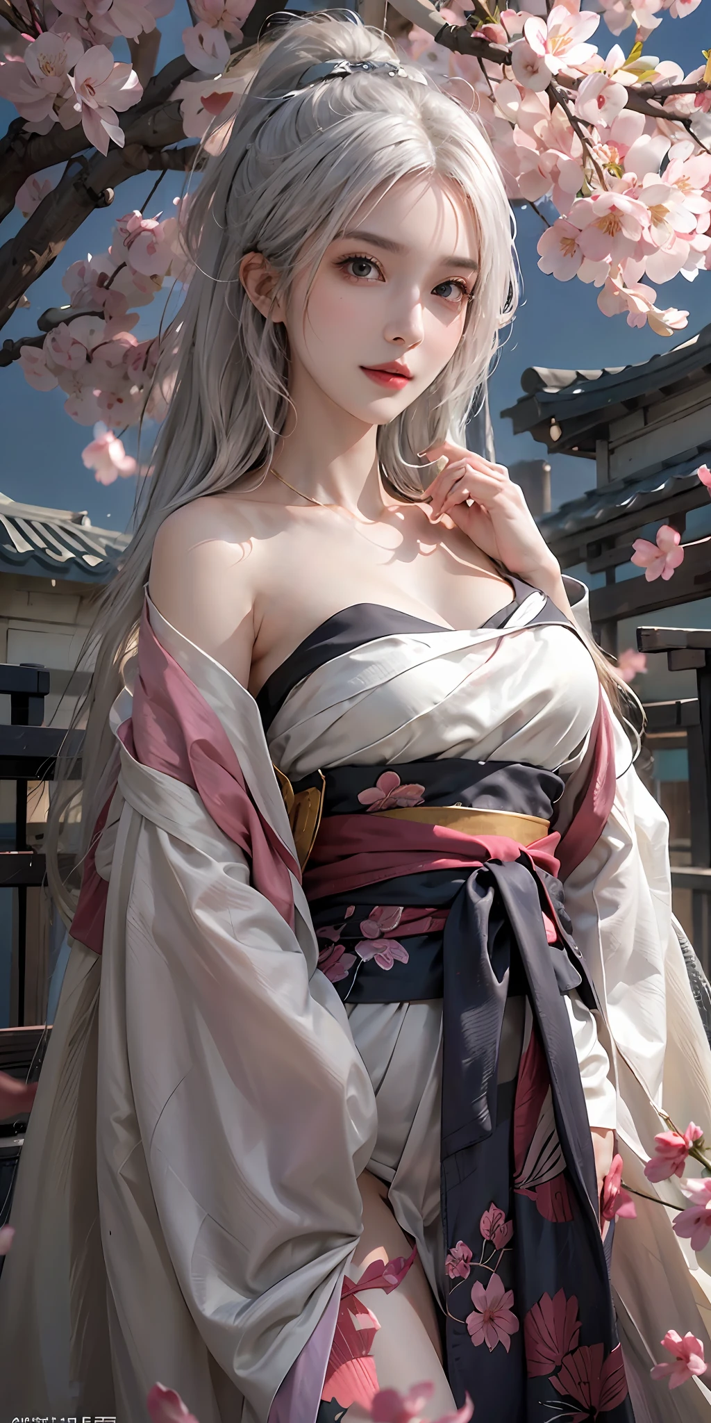 photorealistic, high resolution, soft light,1women, solo, hips up, shining skin, (detailed face),tattoo, jewelry, hanfu, cloak, cherry blossom, night, white wavy hair, Beautiful Soldier, Eyes That Invite Viewer, Lover's Perspective, Inviting Expression, Sexy Smile, Perfect Style, Perfect Balance, Detailed Skin, Naughty Gaze, Chest Visible
