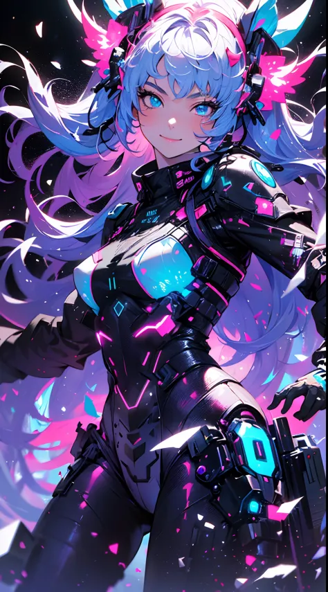 ((cyberpunked)),Optical camouflage、headset on head、Neon light、City of the Future、Glowing jumpsuit、(1girl in, Solo:1.6),(Cute smile),(Clothes are simple), (Best Impact:1.5), (maximalism:1.7), Vivid contrast, (Realistic), hyperrealistic illustrations, hight ...
