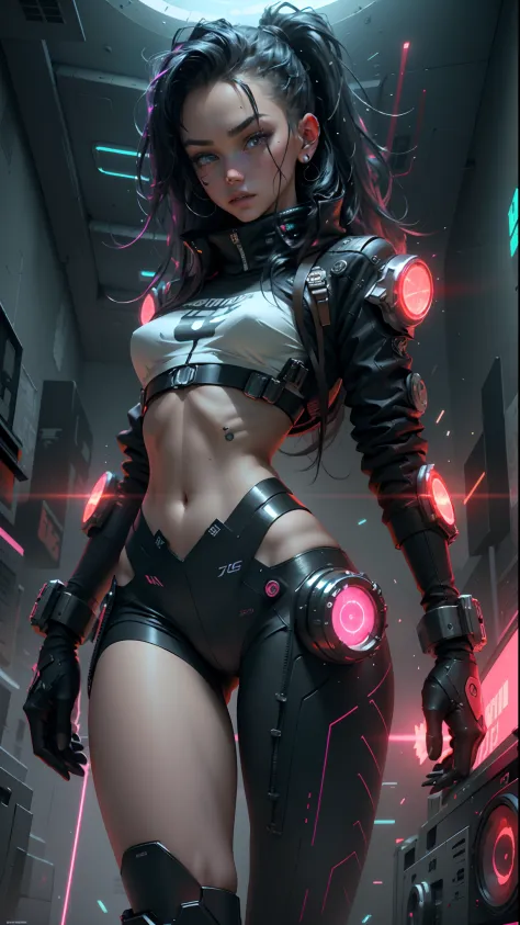 cybernized girl with cyberpunk prosthetics in single underpants, long hair, Spaceship inside, futuristic style, Sci-fi, hyper de...