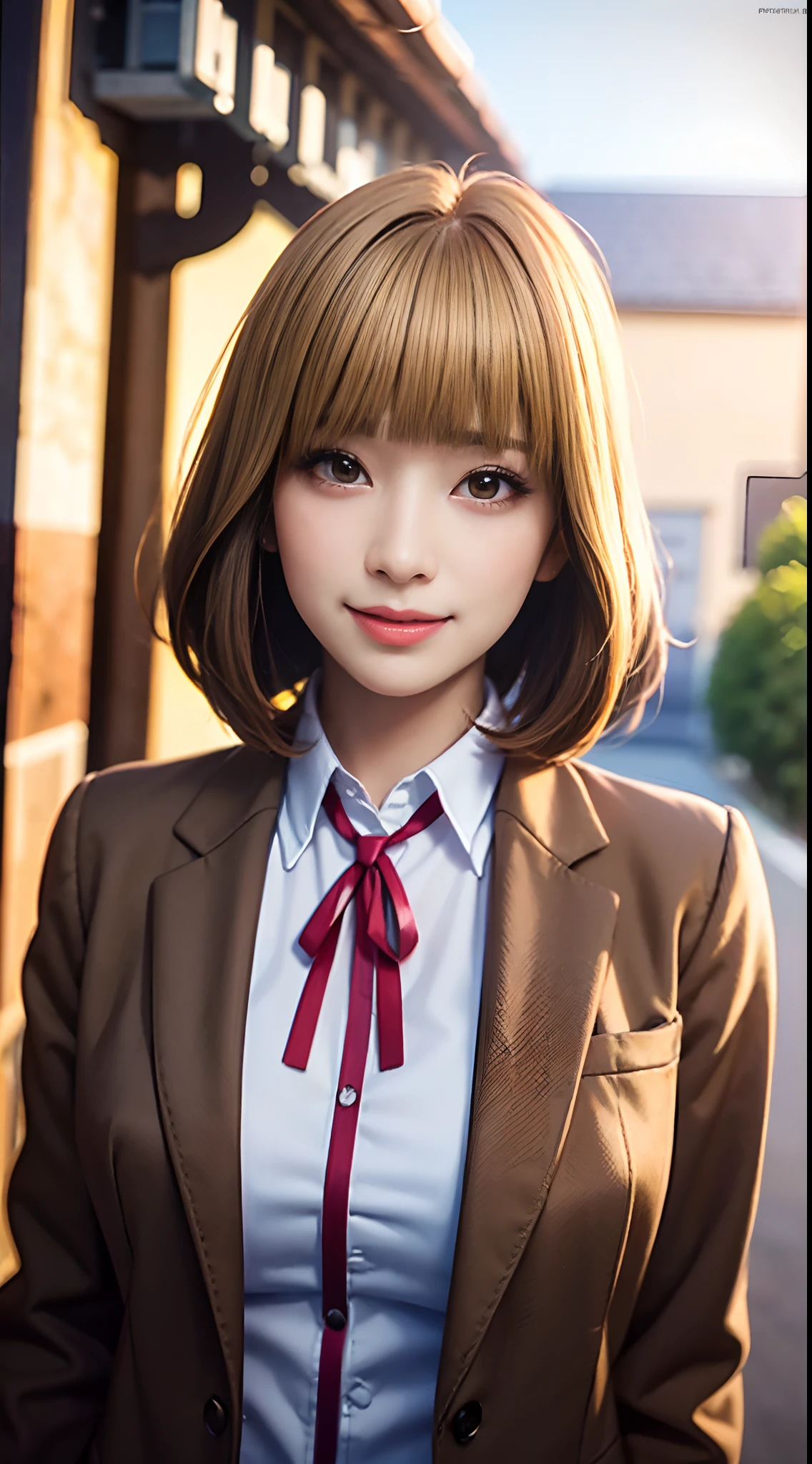 (masterpiece,best quality, detailed), 1girl, solo, outdoors, evening, upper body, smile, closed mouth, squinting, eyelashes,
midorikawa hana, brown jacket, neck ribbon, collared shirt, school uniform