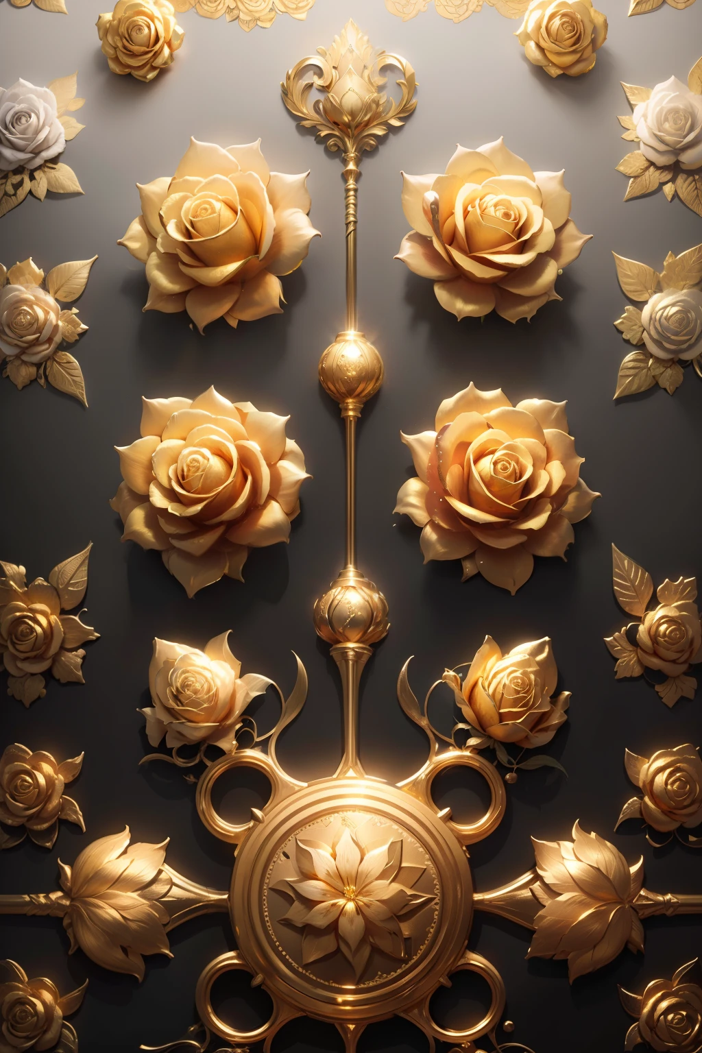 1 full golden all-metal rose，metalictexture，All metals，gold parts，Reflectoraterial of metal，golden flowers，super detailing，Ultra-clear image quality，solid color backdrop，