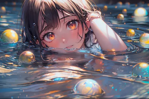 (a beautiful girl is sinking) , in a colorful bubble , brown and black hair, uniform clothes, gradient eyes, anime style, chiaro...