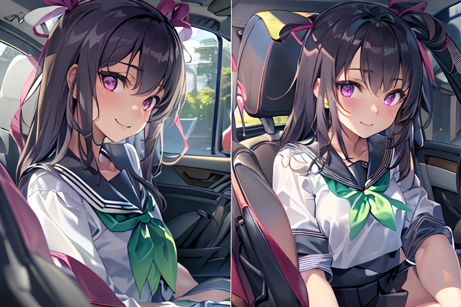 (unsurpassed masterpiece,Best Quality, Detailed), finely detail, high detailed CG artwork, perfect  lighting, 8K, Extremely detailed, 1girl, 独奏, Car, Driving a car, The interior of the car, Sitting in the car, Holding on to the steering wheel, Smile, looking a viewer,
mizuki yukikaze, hair ribbon, school uniform, green shirt, serafuku, white neckerchief, long sleeves, pleated skirt, black skirt, black thighs,