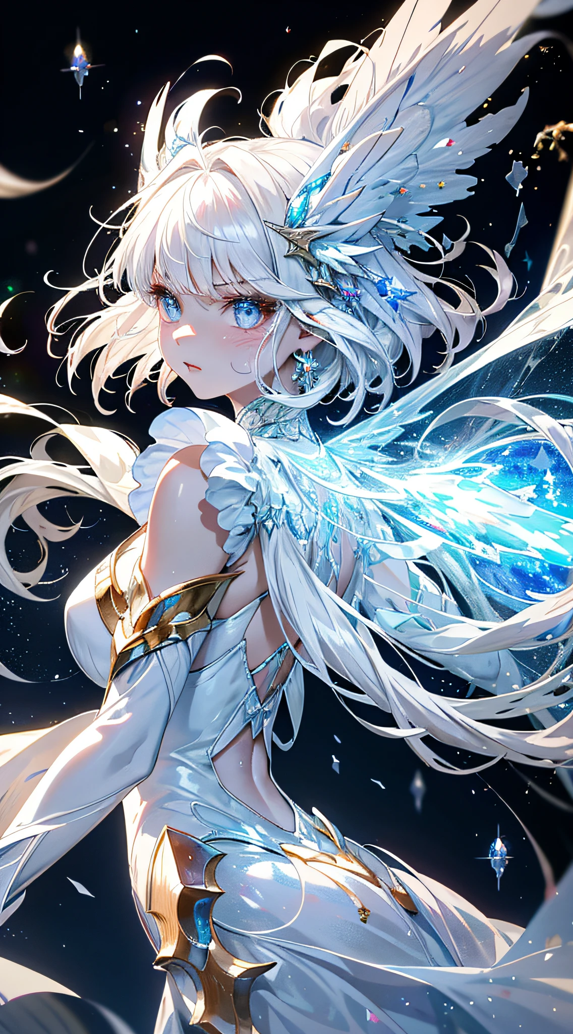 White Dragon Maiden，（cute female child），teens girl，glaring，Absolutely beautiful，exquisite facial features，White fluorescent tulle，Small white dragons surround，White flame particle effect，Dragon hair ornaments，Messy white hair，（(cute  face）)，Glowing scales，Focus on the face，detailed back ground，White dragon background，Color splattering，tmasterpiece，Soft，fairy，Fairy air fluttering，Surreal and realistic，Top CG rendering，Highest image quality，crystal，Big moon moonlight background，Moisturized lips，8k