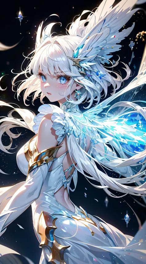 white dragon maiden，（cute female child），teens girl，glaring，absolutely beautiful，exquisite facial features，white fluorescent tull...