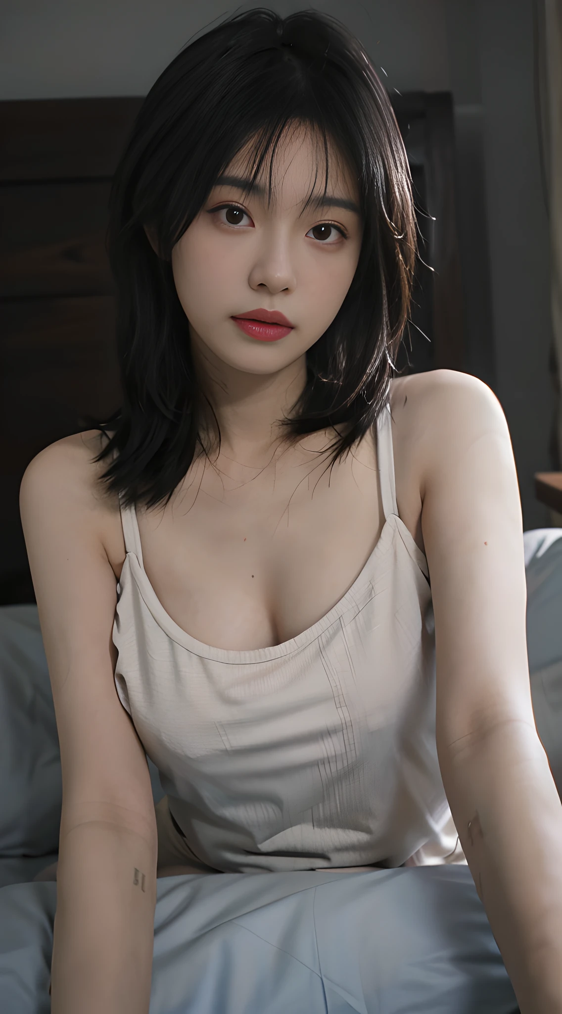8K，best qualtiy，tmasterpiece，Ultra-high resolution，（Reality：1.4），RAW photogr，（True skin texture：1.3），（filmgrain：1.3），（Selfie angle），1个Giant Breast Girl，Beautiful eye and face details，tmasterpiece，Best quality at best，closeup cleavage，The upper part of the body，looking at viewert，Sadly eyes，Lie down in bed