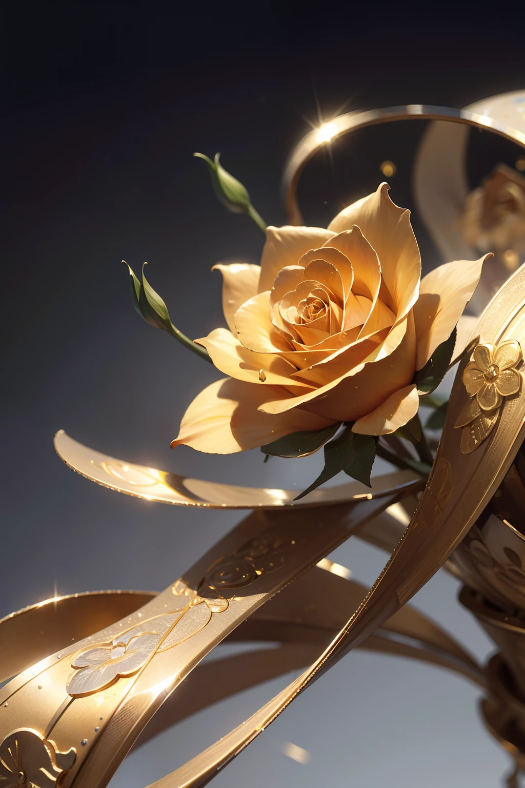 풀 골든 올메탈 장미 1개，꽃잎이 연결되어 다리를 이룬다.，금속 질감，모든 금속，골드 부품，금속 반사재，황금빛 꽃，슈퍼 디테일링，매우 선명한 이미지 품질，단색 배경