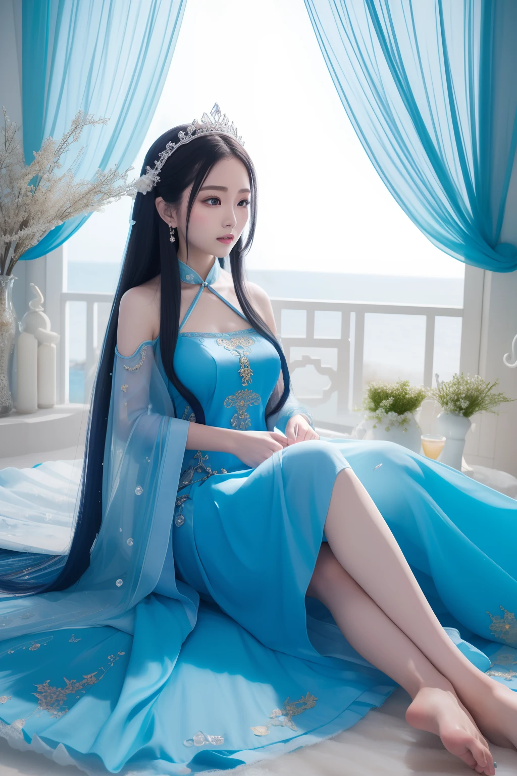 there is a woman in a blue dress laying on a bed, closeup fantasy with water magic, Ethereal fantasy, xianxia fantasy, queen of the sea mu yanling, water fairy, ethereal fairytale, Palace ， A girl in Hanfu, full-body xianxia, Ethereal!!!!!!!, shaxi, real photoshoot queen of oceans, Chinese fantasy, fantasy photoshoot