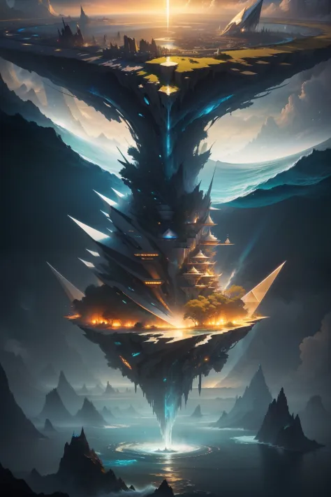 Imagine a beautiful flowing organic light contrasting world without deceit, greed or evil suspended among the clouds, with floating cities and celestial waterfalls. (highly epic detailed geometric futuristic:1.5), centered, middle of an Insanely colorful e...
