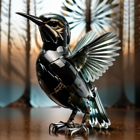 ((masutepiece)), ((Best Quality)), 8K, detaileds, Ultra-detailed, A (Black:1.3) Mechanical bird, dense woods