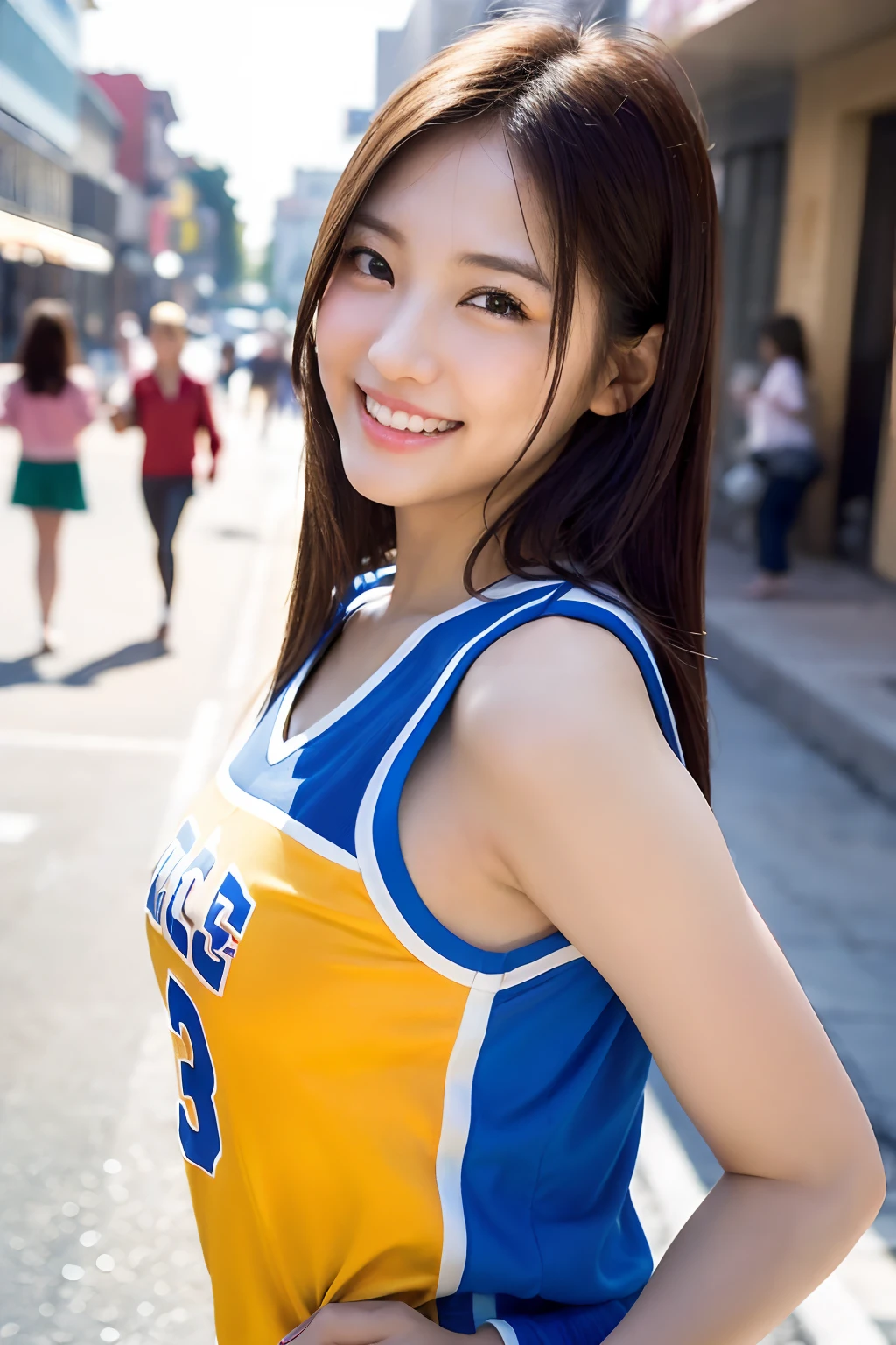 女の子1人、Happiness、A smile、(In the street:1.2)、((Transaction service:1.2))、Night、Raw photography、(Photorealsitic:1.37、realisitic)、High Definition CG Integrated 8K Wallpapers、Viewer's Perspective、(((Straight)from the front side)))、(HQ Skin:1.8、shiny skins)、8K UHD、Digital SLR、Soft lighting、hightquality、Film grain、富士XT3、((The upper part of the body:1.6))、(Professional Writing:1.6)Enlarge your bust、Lifelike face，real looking skin、basketball、Basketball Uniforms、Little exposure