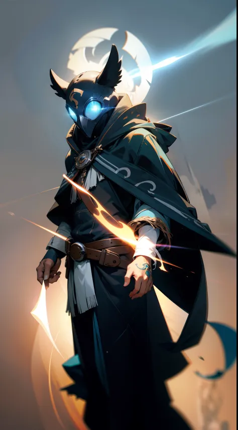 Hunter wearing hood and long cape, wearing eye mask shaped like a bird of prey's head, cores azul celeste e branco, WMASK, capac...