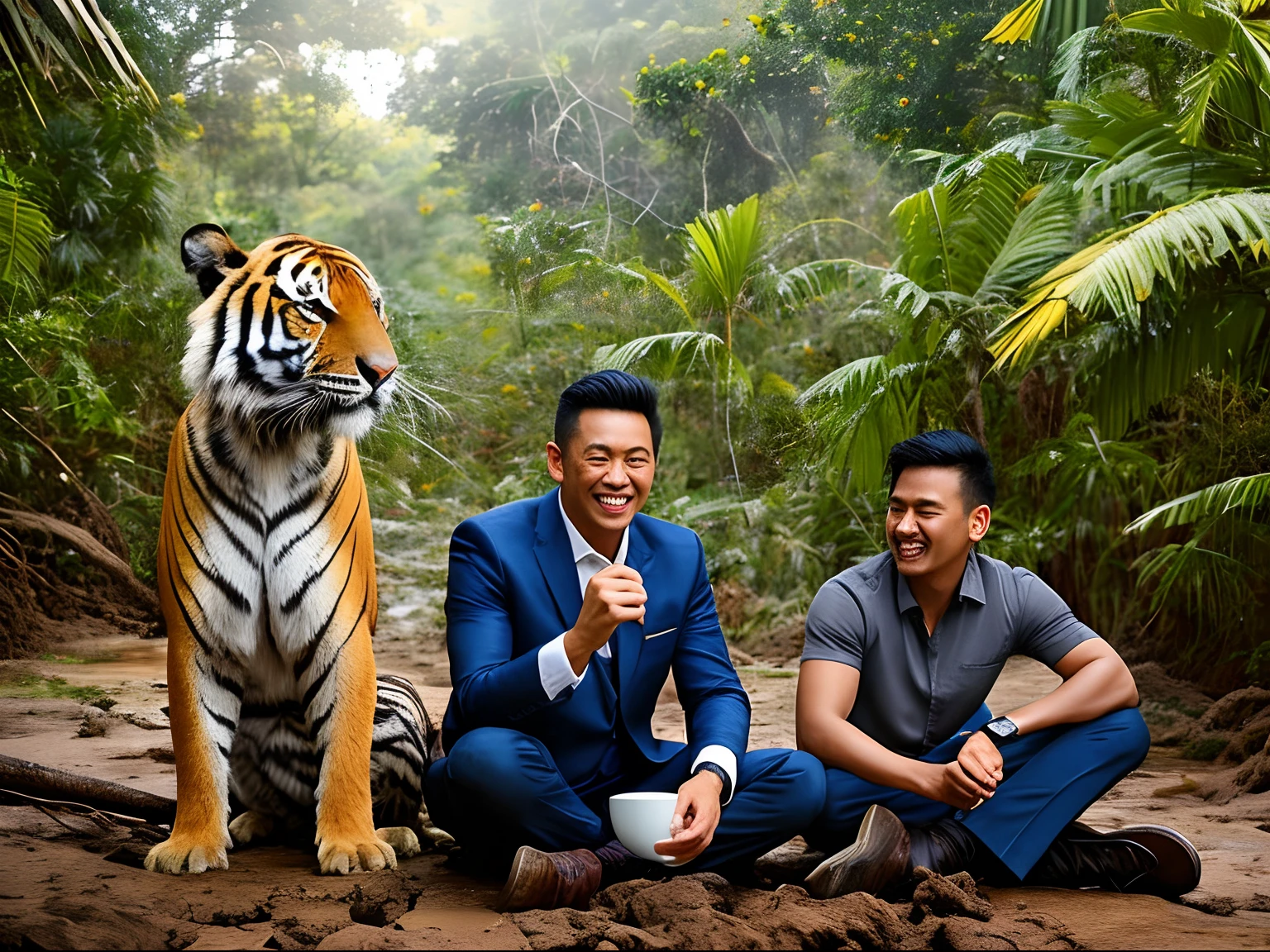 3 hommes malais assis en tenue de bureau pour hommes buvant du café dans une jungle épaisse et boueuse, porter costume, visage réaliste, visage de détail, rire et heureux, hommes mûrs, éclairage lumineux, Photographie ultra détaillée, animal sauvage en arrière-plan, Tigre en arrière-plan, tigre sauvage se cachant en arrière-plan, vue de face, ultra visage de détail, cadre d&#39;éclairage professionnel, boire du café avec un tigre,