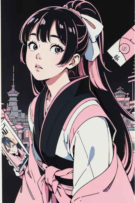 jpn_hi-school girl、Kimono,ink art、((top-quality、8K、​masterpiece:1.3))、(Clear focus:1.2)、(comic book style),(Pop),(linear art_Ani...