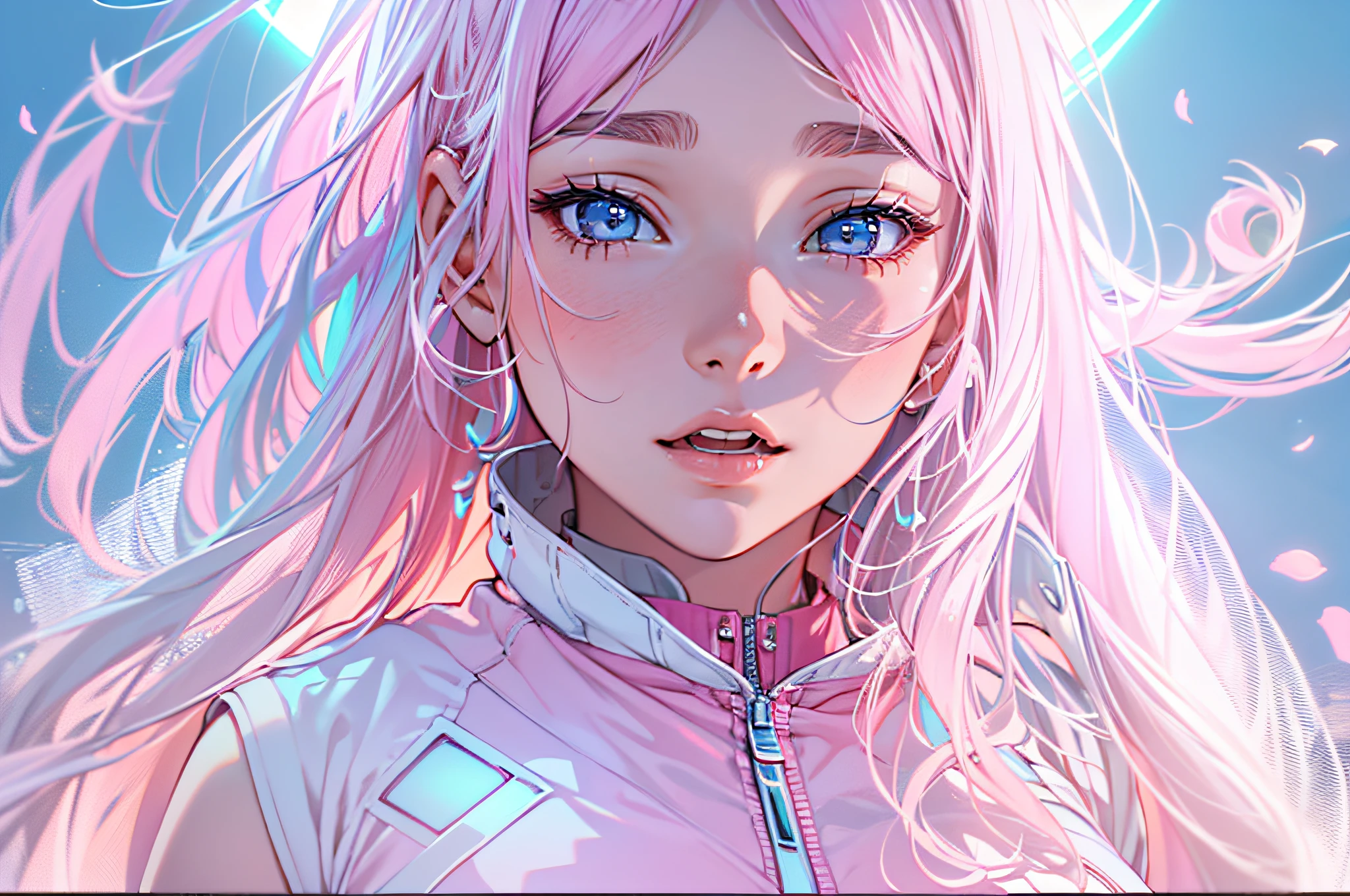 Masterpiece, hyperrealistic, highres, best quality, ultra detailed, Cinema 4D, Octane render, Innovative, 1girl, perfect waifu, super cute and sexy girl, super hot girl, long hair with a light blue gradient like pink, wearing a pink and white milky look, celestial clothes