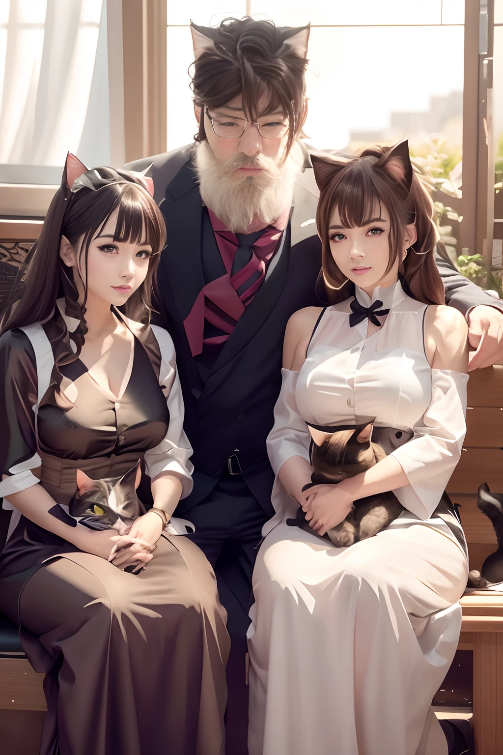 Anime characters dressed in costumes sitting on a bench with a cat - SeaArt  AI