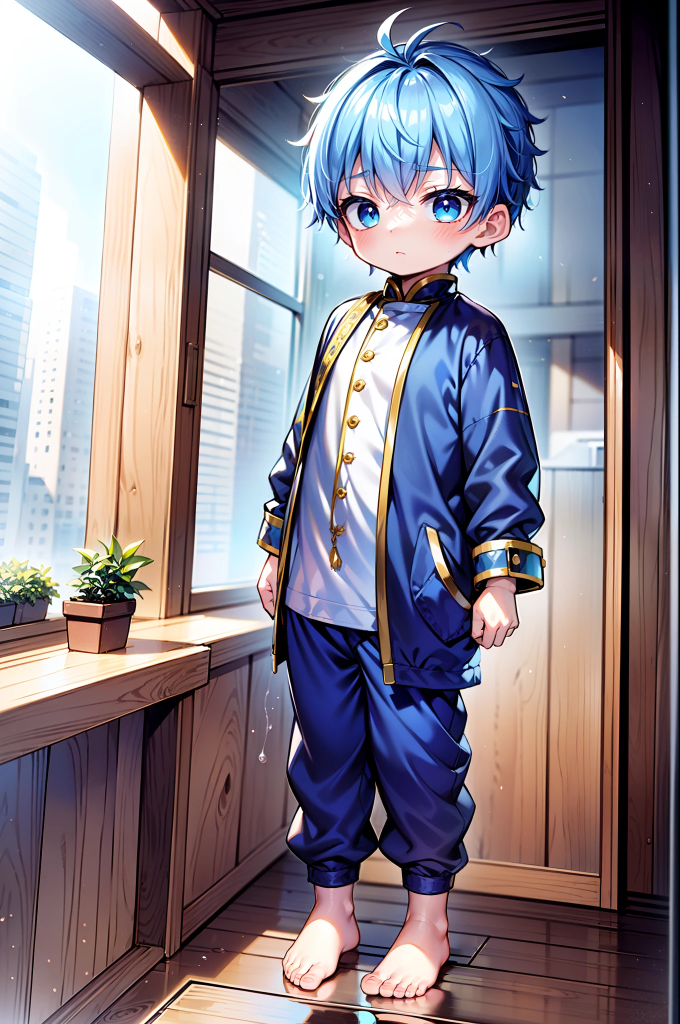 4k, (Masterpiece:1),  with blue colored hair and shiny, glowing cyan eyes and barefoot, standing on field, epic, cinematic, young, boy, child, small, toddler, tiny feet, focus on feet, feet, blushing, (Young:1.4), (Child:1.4), (Shota:1.4), (male:1.4), (boy:1.4), (divine clothes:1.4), (epic:1.4), (posing:1.4), (cinematic:1.4),