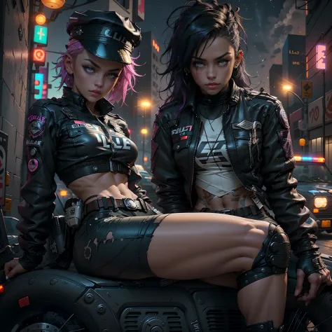 Beautiful woman 1female with punk hair style in a police cap, Short sexzy police clothes in the style of cyberpunk police, Tanne...