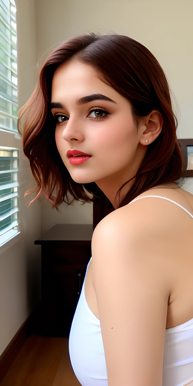 ((beautiful)+(attractive:0.9)+(sensual:1)) white indian 20years women ((nerd:0.9)+(lovely)+(clean skin)) with hazel eyes and red lips. Medium brown hair, ((intense eyes))