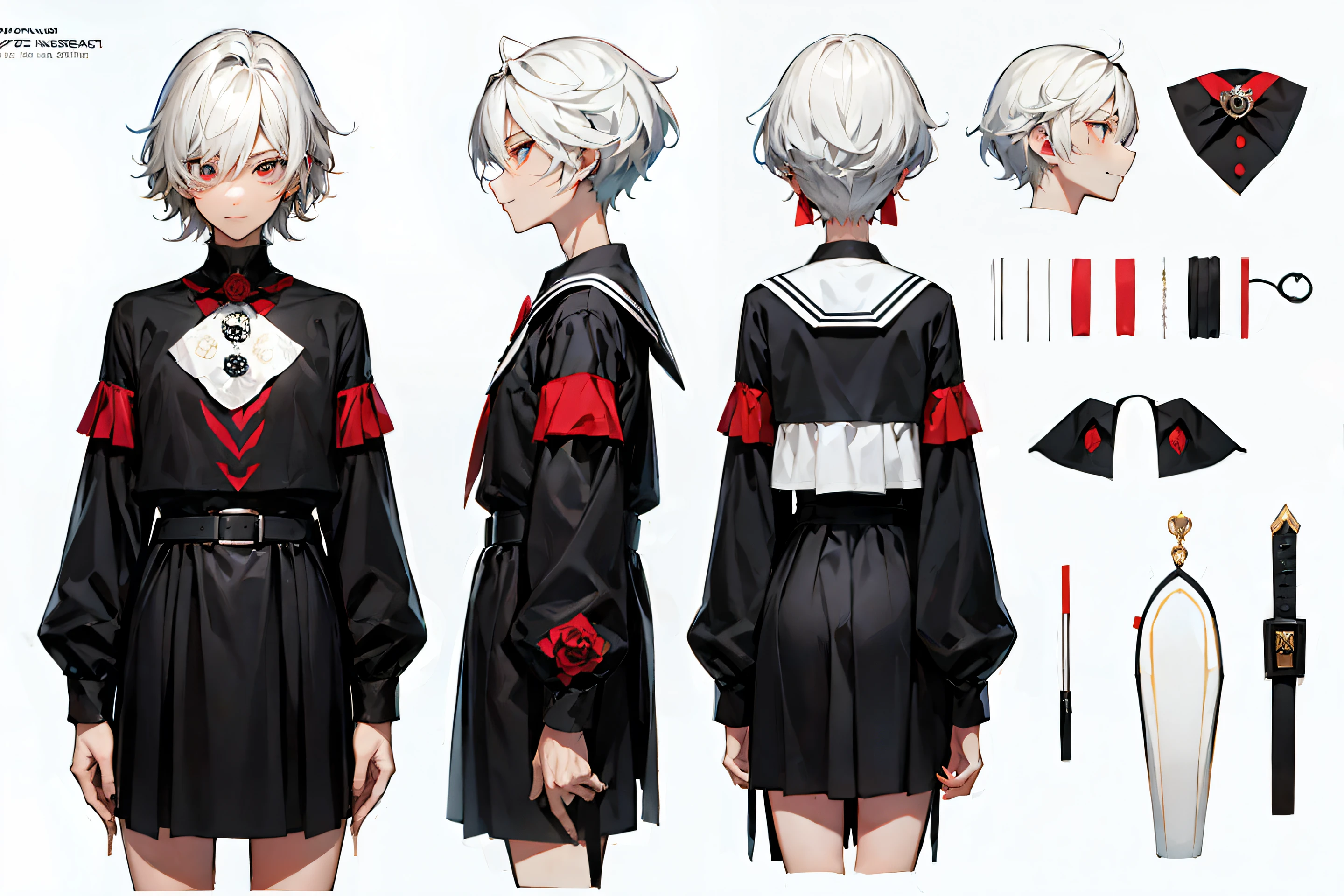 （（tmasterpiece）），（（（（best qualtiy））），（CharacterDesignSheet，Same character，frontage，Lateral face，on back），Reference table for cute boys，with short white hair，red color eyes，ssmile，Black sailor costume with shorts，Red roses as accessories，Detailed face，detailed hairs，（simple backgound，white backgrounid：1.3）
