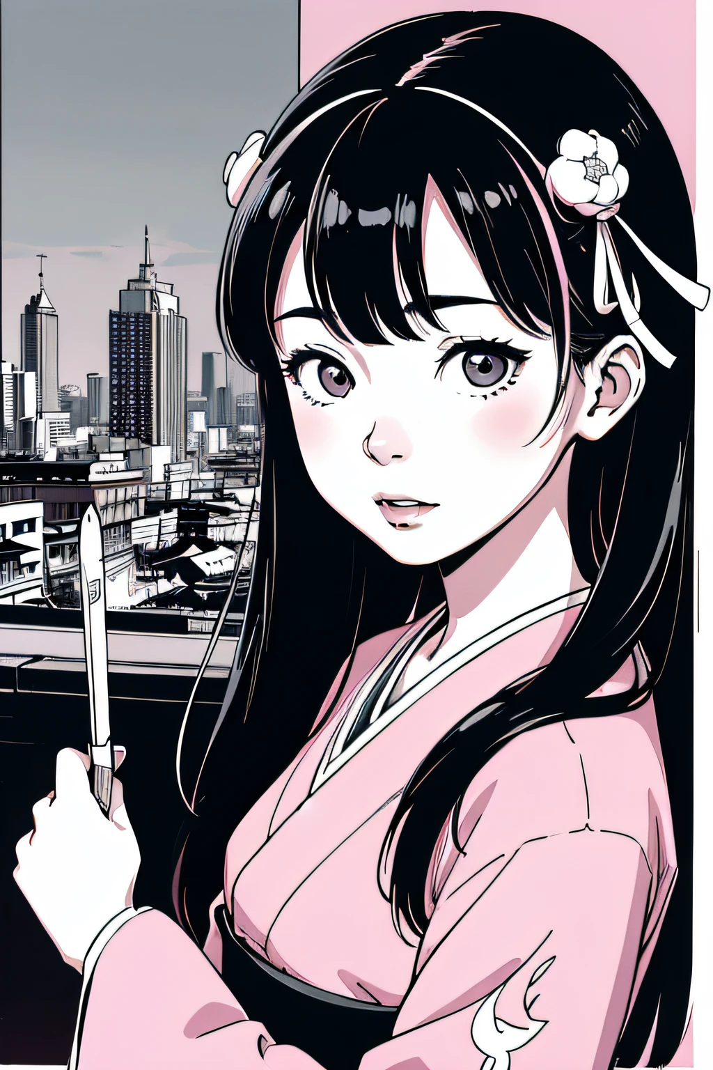 japonés_chica de secundaria、Kimono,pose de acción、alegremente、Desbordante、arte de tinta、((de primera calidad、8k、​obra maestra:1.3))、(enfoque claro:1.2)、(estilo cómic),(estallido),(arte lineal_animado)、(Colores Pastel:1.2),((monótono_Arte de alto contraste:1.2))、pecho plano、(el fondo complejo:1.2),(Lola:Añadir más detalles:1.2)、contorno nítido、arte lineal agudo、Paisaje urbano del Antiguo Japón