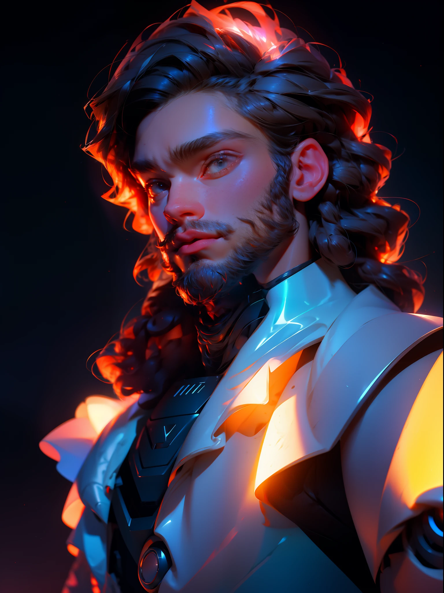 Handsome bearded uncle，The whole body is covered with mecha，starryskybackground，swirles，depth of fields，dynamic blur，metallic reflective，Real light，Ray traching，oc rendered，Hyper-realistic，best qualtiy，8K，Works of masters，super-fine，Detailed pubic hair，Correct anatomy，sharp focus on eyes，Bokeh，Facial features are carefully depicted，closeup cleavage，head portrait