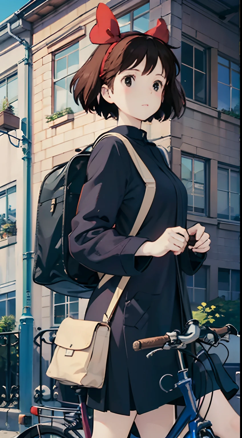 Best image quality, outstanding detail, ultra high resolution, (realism: 1.4), best illustration, prefer details, Kiki carrying a big backpack, posing cute in front of a bicycle, the background is a scene of urban office buildings lined up, black coat, red ribbon, kiki, gigi, active,