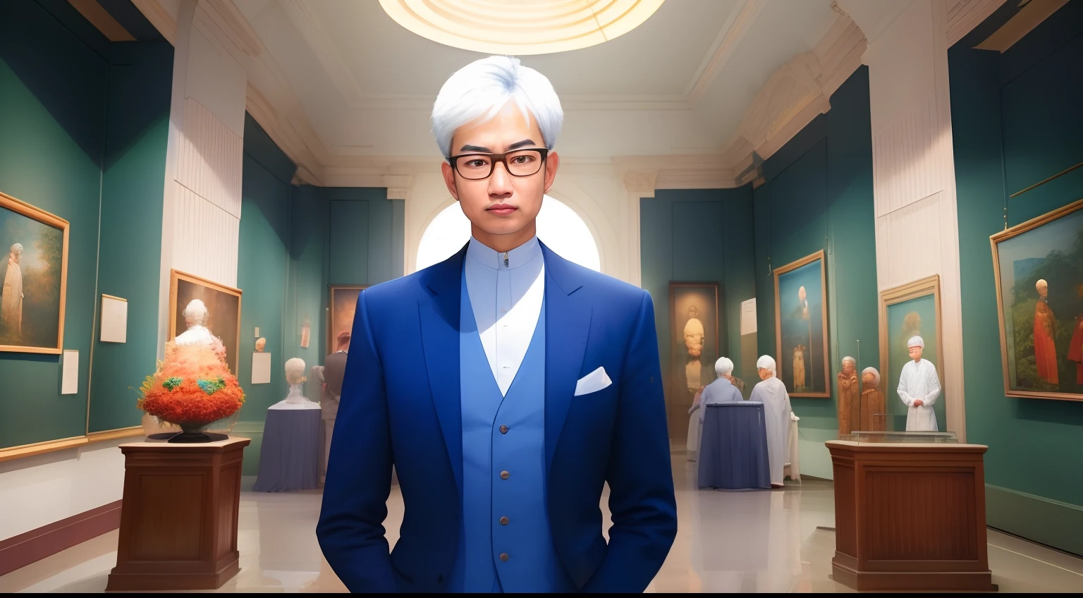 Stand in the museum５０Asian man of about his age、White hair、、nasolabial folds、Wearing a dark blue suit、wears glasses、Mysterious atmosphere