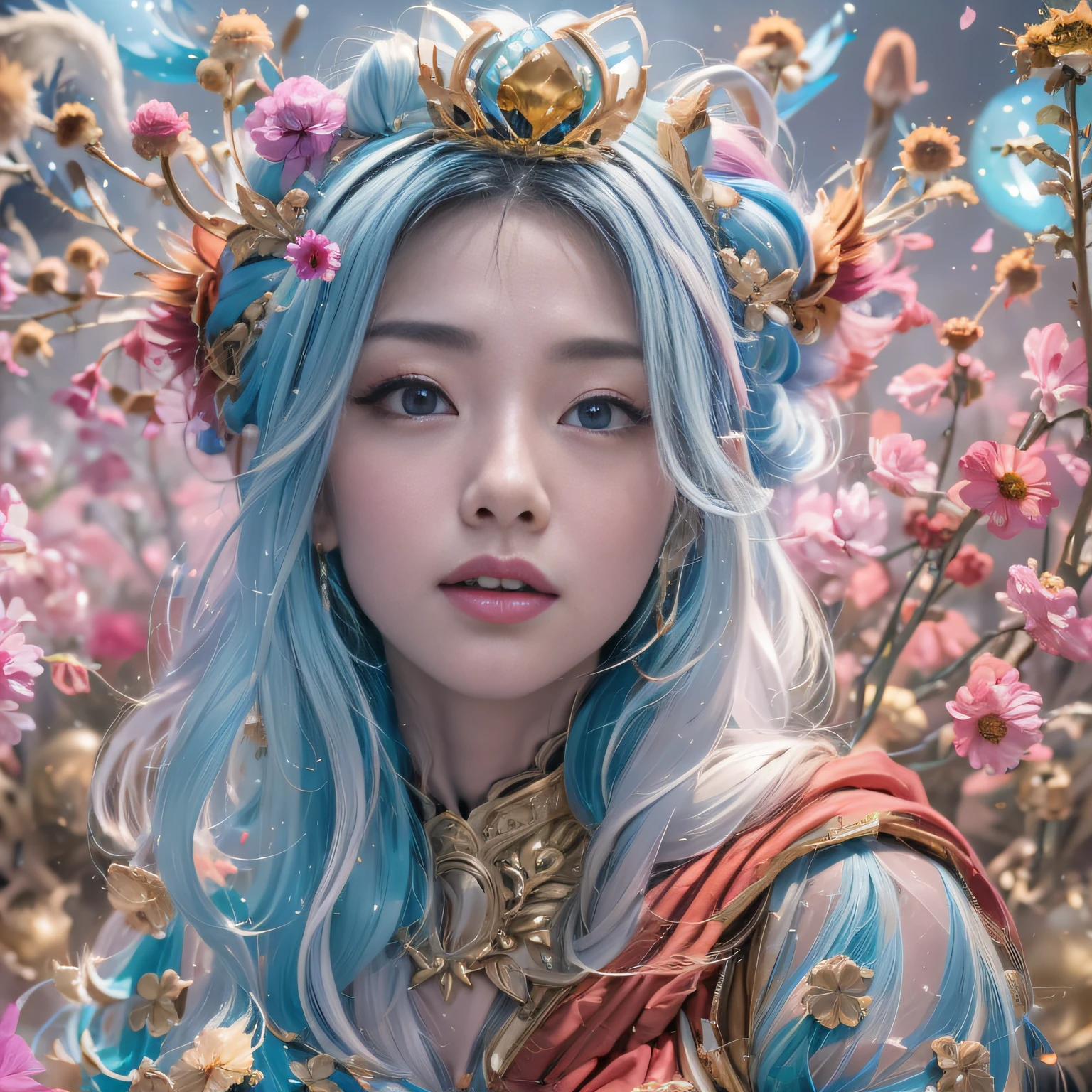 Outer Space 32K（tmasterpiece，k hd，hyper HD，32K），Long flowing light blue hair，ponds ，Mantis protector （realisticlying：1.4），Red robe with a flame pattern，Purple-pink tiara，Petals flutter，The background is pure，Hold your head high，Be proud，The nostrils look at people， A high resolution， the detail， RAW photogr， Sharp Re， Nikon D850 Film Stock Photo by Jefferies Lee 4 Kodak Portra 400 Camera F1.6 shots, Rich colors, ultra-realistic vivid textures, Dramatic lighting, Unreal Engine Art Station Trend, cinestir 800，Hold your head high，Be proud，The nostrils look at people