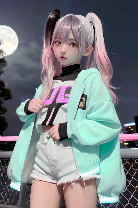 miku hatsune、Track jacket、Jersey、Golden and black and light blue and silver and pink hair、O cabelo multicolorido、Photorealsitic,...