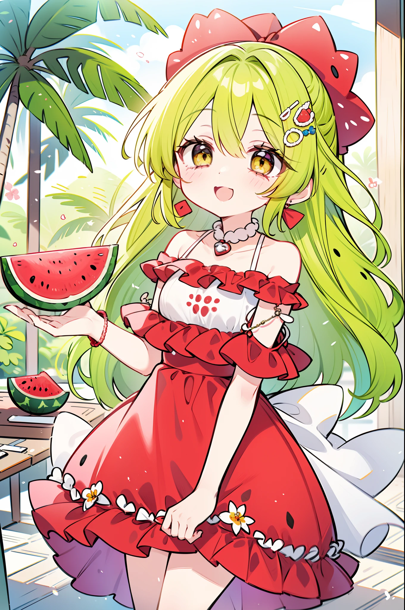 1girl, wearing a (cat print) purple dress, in ((the tropics with watermelon)), happy and smiling, mythical world with giant watermelon fruit , bright light color palette🎨, hands down, energetic, fashion dress, fruits, long flowy hair, {{{{{{{{{{{{two-tone hair}}}}}}}}}}}},yellow hair: 50, red hair: 50, green hair: 50,