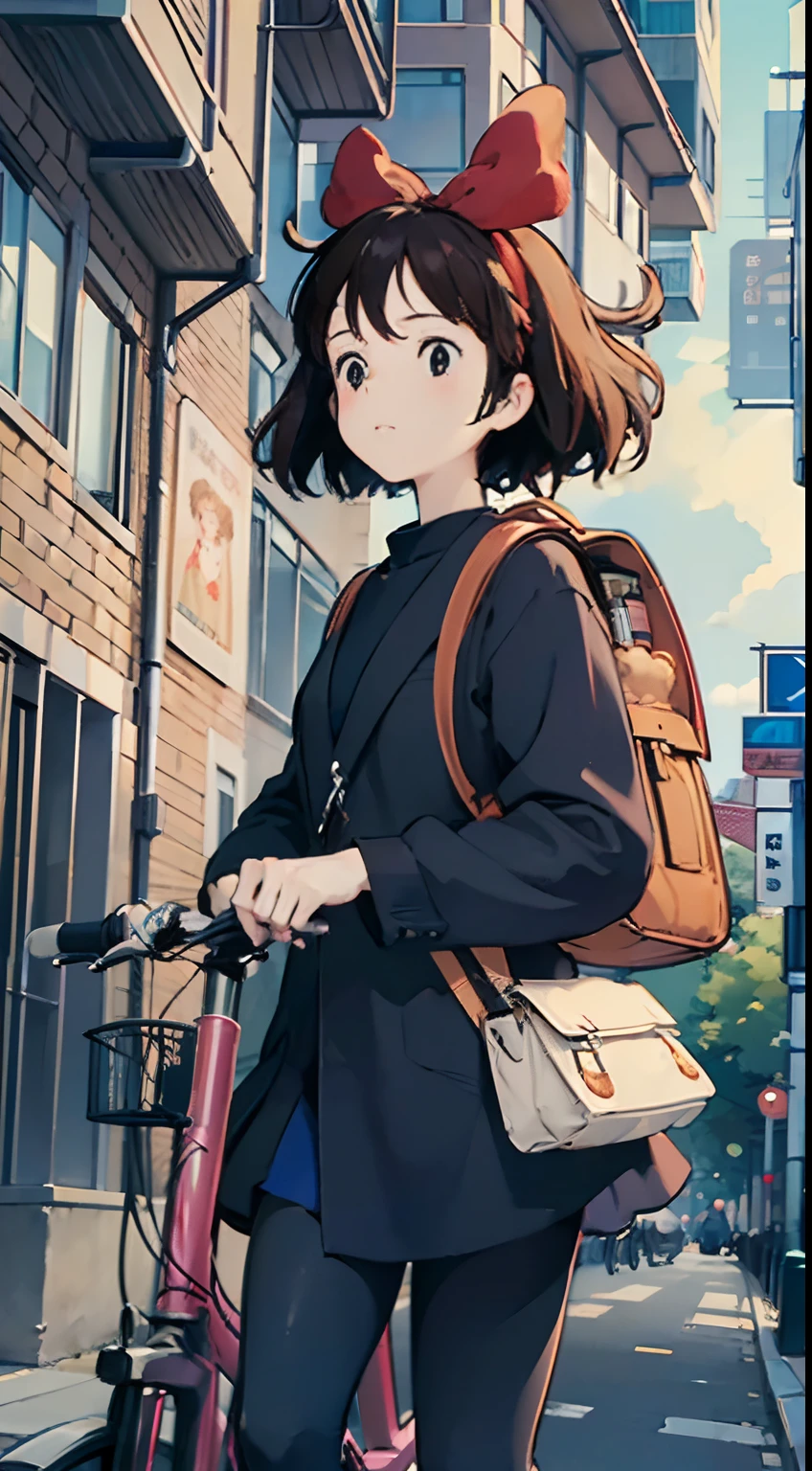 Best image quality, outstanding detail, ultra high resolution, (realism: 1.4), best illustration, prefer details, Kiki carrying a big backpack, posing cute in front of a bicycle, the background is a scene of urban office buildings lined up, black coat, red ribbon, kiki, gigi, active,