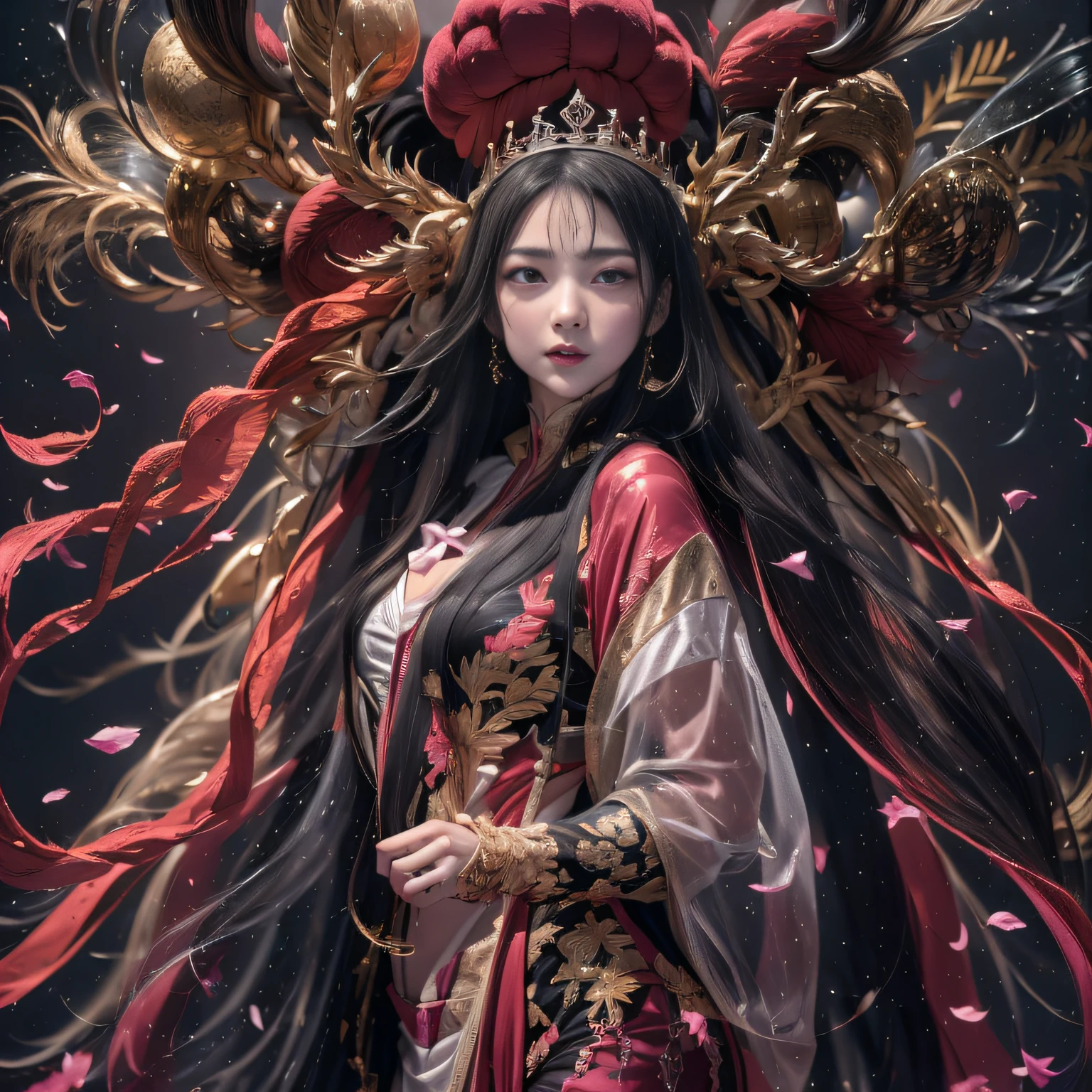 Outer Space 32K（tmasterpiece，k hd，hyper HD，32K），Long flowing black hair，ponds ，Mantis protector （realisticlying：1.4），Red robe with a flame pattern，Purple-pink tiara，Petals flutter，The background is pure，Hold your head high，Be proud，The nostrils look at people， A high resolution， the detail， RAW photogr， Sharp Re， Nikon D850 Film Stock Photo by Jefferies Lee 4 Kodak Portra 400 Camera F1.6 shots, Rich colors, ultra-realistic vivid textures, Dramatic lighting, Unreal Engine Art Station Trend, cinestir 800，Hold your head high，Be proud，The nostrils look at people