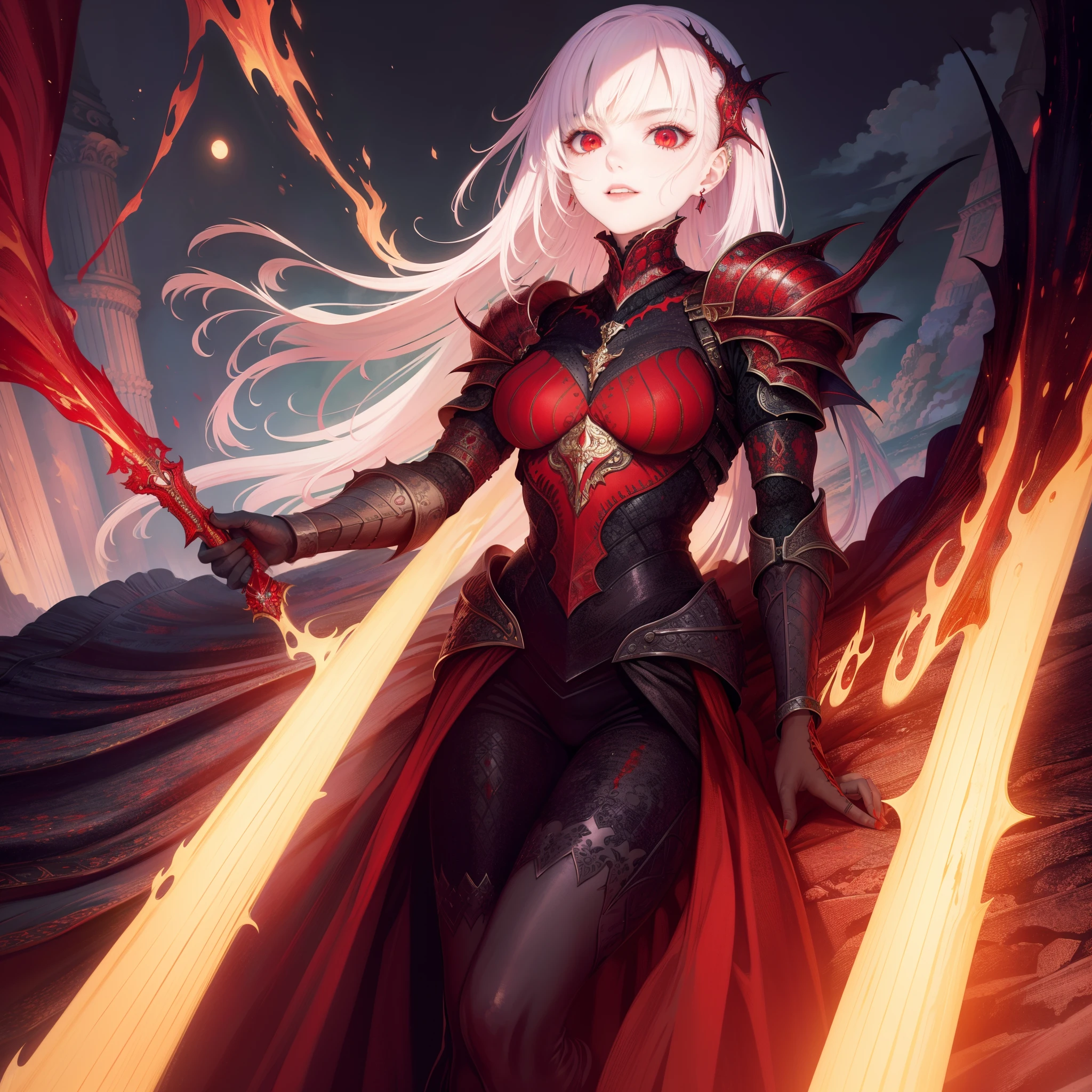 8K raw photo, Best quality, masterpiece, ultra high res,colorful,(photorealistic:1.4),Vampires，Scarlet，red eyes，raw photo, neonlight\(ttp\),1girl,solo,(perfect body shape),evil and beautiful, playful, smile, red eyes, (blood), dynamic angle, lying on throne, mystical, fanatic, intricate, surreal, delicate, wearing armored gothic dress,cinematic lighting, perfect face,detailed eyes,face