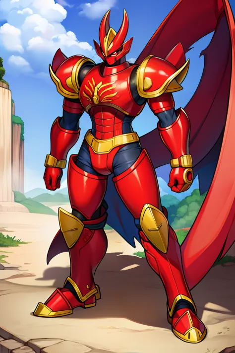 Masterpiece, best quality, flamedramon, red eyes, solo, multicolored body, white body, blue body, red mask, red shirt horns, cave, leg strap, arm strap, claws, red leg armor, standing, large gauntlets,