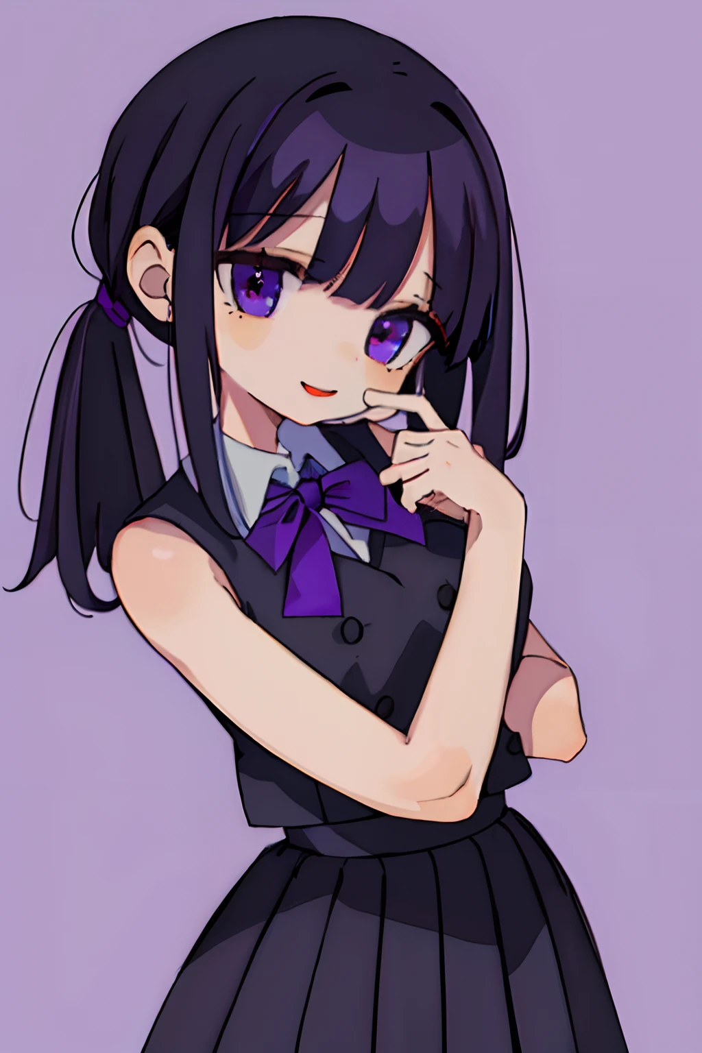 simple background, ribbon, black ,
(best quality, masterpiece, RAW photo,ultra-detailed:1.2), 1girl,solo,looking at viewer, (black hair with purple strikes), long hair, looking at viewer, tan skin, medium breasts, smile, (large ponytail), ((purple eyes))
