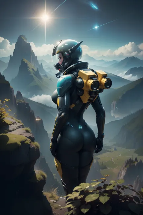 (35mmstyle:1.2), Highly detailed RAW color Photo, Rear Angle, Full Body, of (male space marine, wearing yellow and black space suit, futuristic helmet, tined face shield, rebreather, accentuated booty), outdoors, (standing on Precipice of tall rocky mounta...