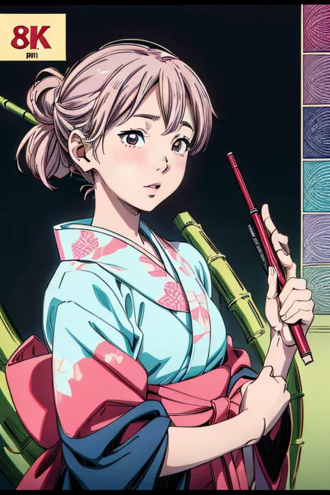 jpn_hi-school girl、Kimono,actionpose、cheerfully、Overflowing、ink art、((top-quality、8K、​masterpiece:1.3))、(Clear focus:1.2)、(comic...