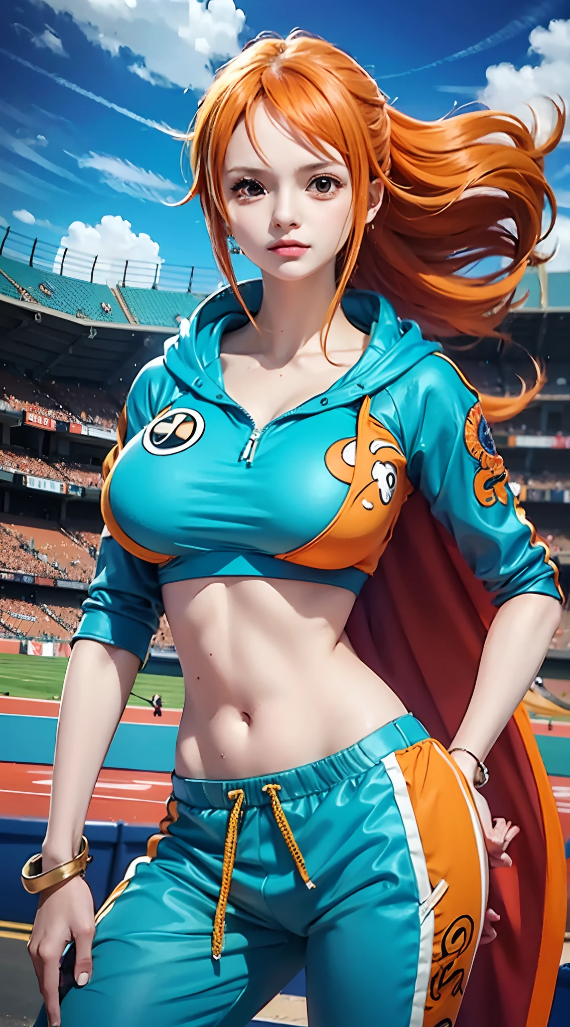 nami from anime one piece, beautiful woman, woman, very beautiful, orange hair, long hair, perfect body, perfect , wearing blue hoodie, blue jogger pants, orange nikes, on the ball field, football stadium, standing, masterpiece, textured skin, super detail, high details, high quality, best quality, HD, 16k