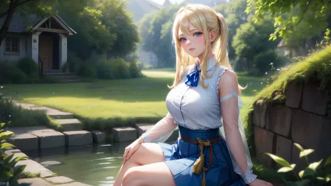 lucy haertfilia, focused upper body, 1 girl, sitting pose, white shirt, blue skirt, sparkling eyes, blonde hair, village backgro...