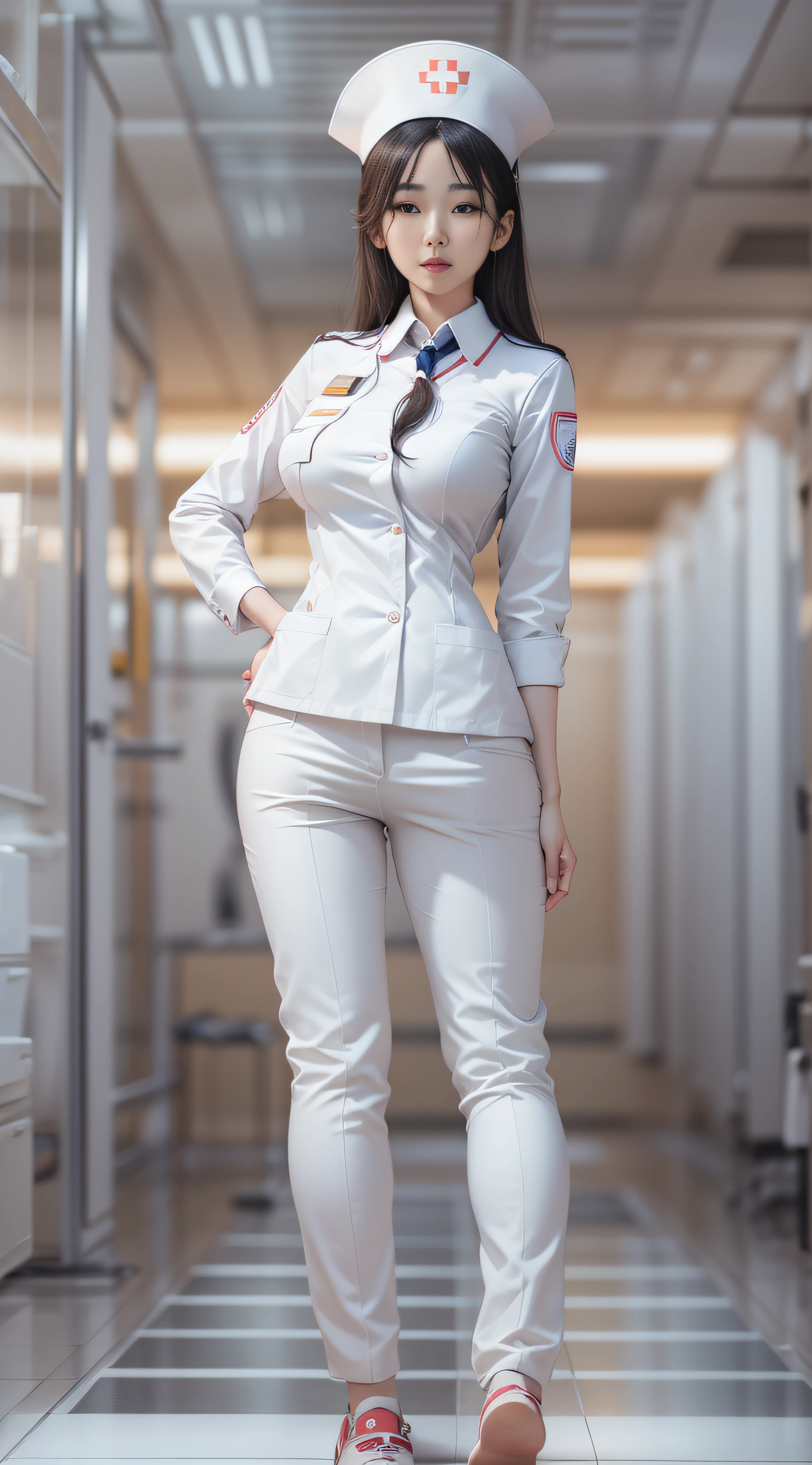 Arafed woman in a white uniform standing in a hallway - SeaArt AI