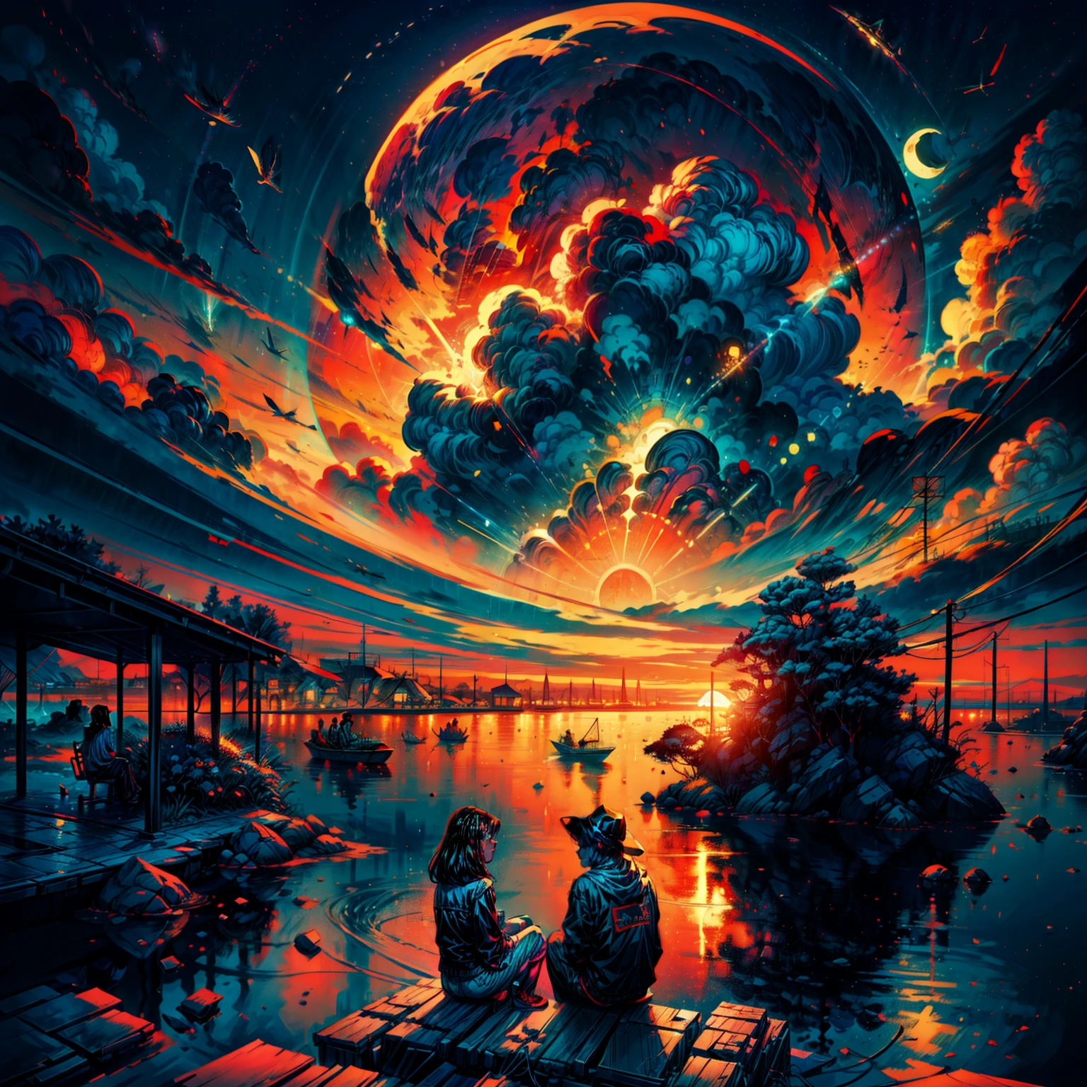 Two people sitting on shire of sea  ,sunset with clouds infographic with illustrations, by victo ngai, kilian eng vibrant  colours, dynamic lighting, digital art, winning award masterpiece, fantastically beautiful, illustration, aesthetically inspired by beksinski and dan mumford, trending on artstation, art by greg rutkowski, 8 k