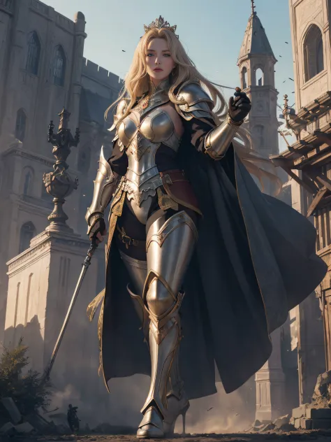 tmasterpiece，A high resolution,Absolutely beautiful，a mature female，Fine and detailed eyes and detailed face，Tall and tall，The blonde，She wears armor，Full coverage armor，Armor pants，Armor boots，Show armor iron boots、The armor is rich in color、Exquisite det...