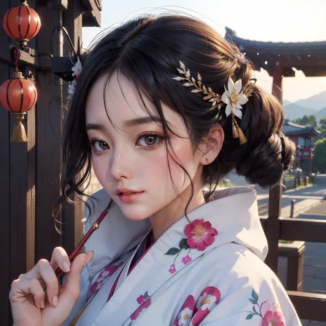 I'm wearing a very beautiful floral kimono、My hair is shiny and black、A very beautiful woman、The eyes are double and long、The bu...