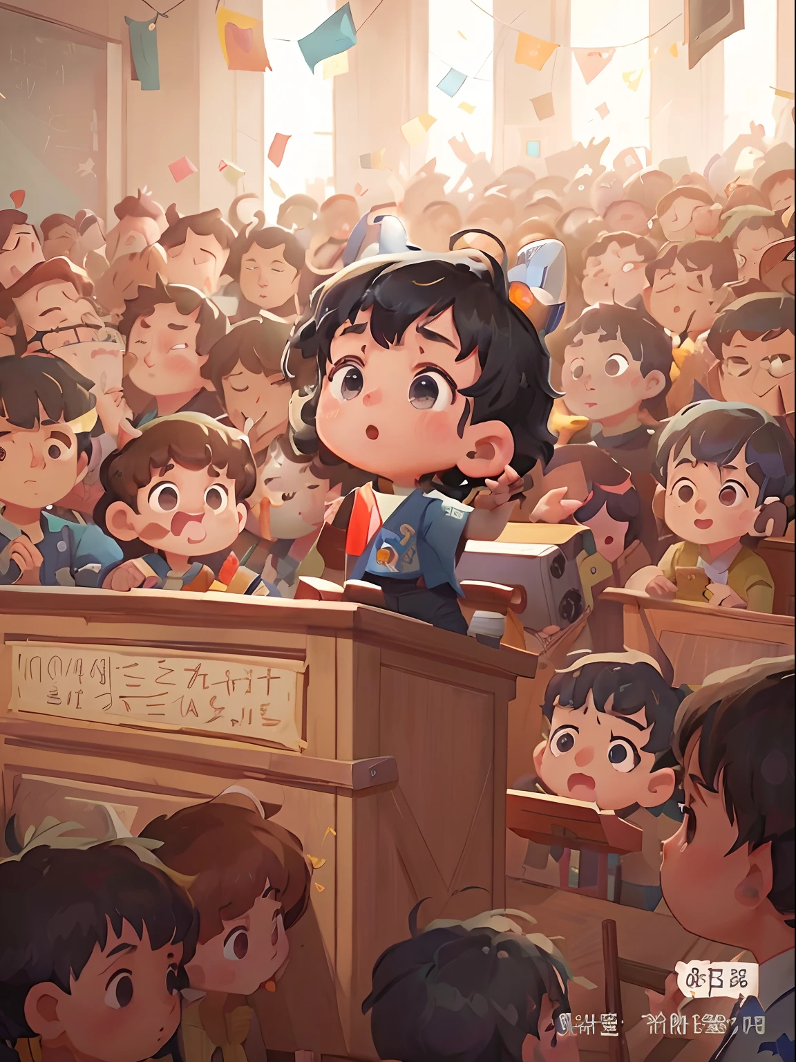 Anime illustration of a boy in a police uniform addressing the crowd, (police uniforms，Blue short-sleeved uniform，black long pants）Kawasi, lovely digital painting, Stand on the podium, A typical anime auditorium, author：Zhang Shengqi, author：Yi Renwen, author：Ryan Yee, atey ghailan 8 k, by Yang J, author：Lee Jeon-suk, by Kubisi art, Auditorium background, pixiv daily ranking，The audience was full(police uniforms，Blue short-sleeved uniform，black long pants）